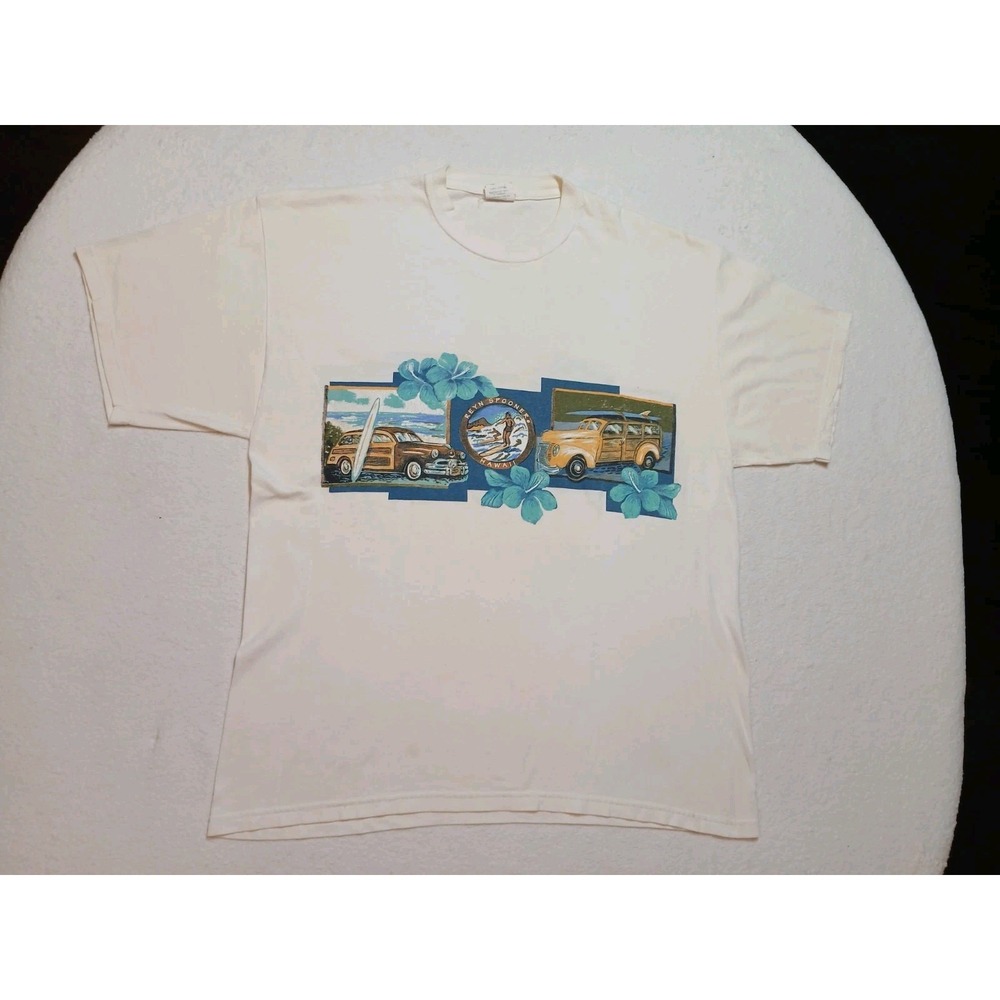 VTG 90s Reyn Spooner American Classics Woody Surf T Shirt Men XL Cream Made USA